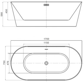 Mexen Luna, Slim voľne stojaca vaňa 170 x 75 cm, biela, grafitový prepad, 52041707500-95