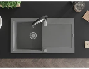 Mexen Leo, granitový drez 900x500x190 mm, 1-komorový a drezová batéria Aster, šedá, 6501-71-73450-07