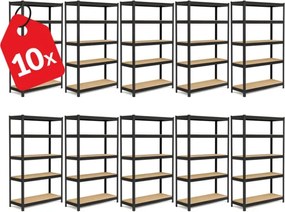 Akcia 10x Regál 180x75x40 cm lakovaný 5-policový, nosnosť 875 kg - čierny
