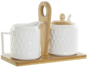 Cukornička a mliekovka "WHITE DROP" porcelán-bambus na podnose, 12x7,5x8,5 cm