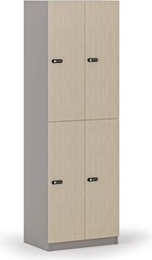 Drevená šatníková skrinka S4 s úložnými boxmi, 4 boxy, demont, mechanický kódový zámok, sivá/breza