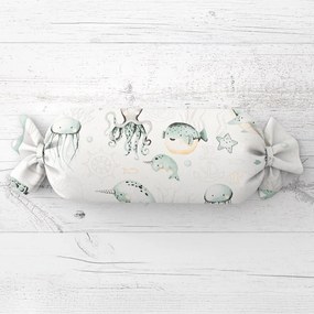 Biante Detský vankúš valec bonbon Sandra SA-688 Morský svet zelený na bielom 15x60 cm