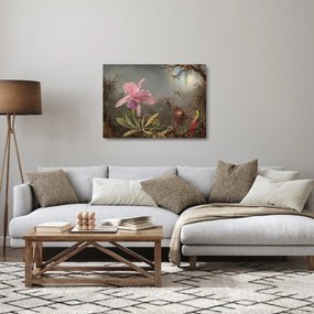 Sklenený obraz - Martin Johnson Heade, Cattleya Orchid and Three Hummingbirds, reprodukcia (70x50 cm)