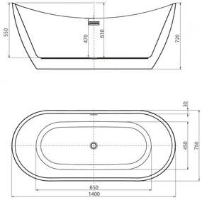 Mexen Lotos, voľne stojaca vaňa 140 x 75 cm, biela, prepad brúsený grafit, 52051407700-66