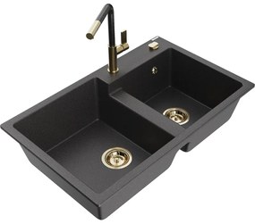 Mexen Tomas, 2-komorový granitový drez 800x500x190 mm a drezová batéria Flora, čierna škvrnitá, 6516-76-670401-75-G