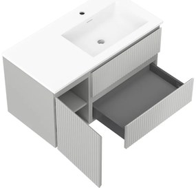 Mexen Rivel, kúpeľňová skrinka 90 cm s pravým umývadlom Otis, 2S, 1D, drážkovaná, sivá matná/biela matná - 91A23-09047-3-BBFFF62-W18P01