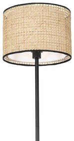Rustikálna stojaca lampa čierna s ratanovým tienidlom - Kata