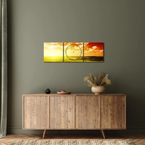 Obraz lúky so žiariacim slnkom (s hodinami) (90x30 cm)