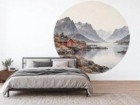Červené domčeky pri fjorde kruhová akvarelová dekorácia so severskou krajinou na stenu arch 46 x 46 cm