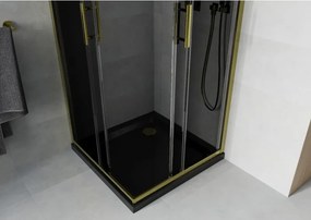 Mexen Rio, štvorcový sprchovací kút s posuvnými dverami 80(dvere) x 80(dvere) x 190 cm, 6mm šedé sklo, zlatý profil + čierna sprchová vanička SLIM, 860-080-080-50-40-4070G