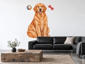 Zlatý retriever s loptičkou a kosťou maľované textilné nálepky na stenu pre milovníkov retrieverov hárok 31 x 46 cm