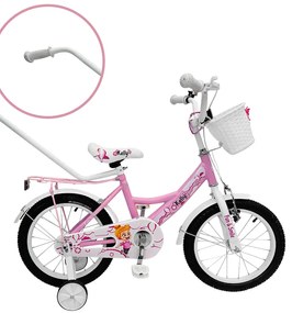 Detský bicykel s pomocnými kolieskami, vodiacou tyčou, košíkom a zvončekom 16 – pre deti od 4 do 6 rokov