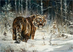 Sklenený obraz - Tiger v zasneženom lese, olejomaľba (70x50 cm)