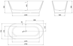 Mexen Yara, voľne stojaca ryhovaná vaňa 170 x 75 cm, biela-čierna, zlatý lesklý prepad, 52861707575-50