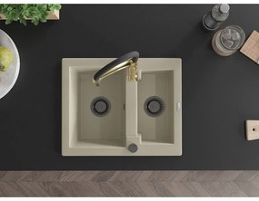 Mexen Carlos, 1,5-komorový granitový drez 582x475x177 mm a drezová batéria Aster, béžová, 6518-69-73450-57-B