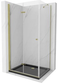 Mexen Lima, sprchový kút so skladacími dverami 100 (dvere) x 80 (stena) cm, 6mm číre sklo, chrómový profil + slim sprchová vanička čierna + zlatý sifón, 856-100-080-50-00-4070G