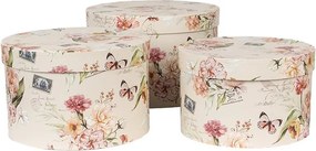 3ks béžový okrúhly box s kvetmi - Ø 24*16 / Ø 22*15 / Ø 21*13 cm