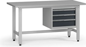 Výškovo nastaviteľný dielenský stôl G5, 1500 x 750 x 800-1000 mm, 1x kontajner, 3 zásuvky, grafit