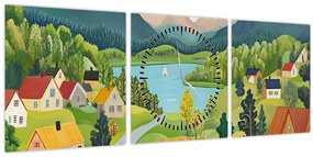 Obraz - Dedina v horách (s hodinami) (90x30 cm)