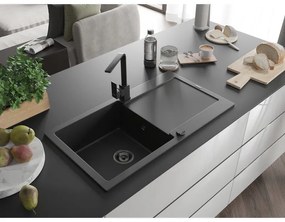 Mexen Leo, drez granitový 900x500x190 mm, 1-komorový, čierna s čiernym sifónom a čierna drezová batéria Rita, 6501-77-670300-70-B