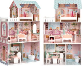 Veľký drevený domček pre bábiky ECOTOYS – 3 poschodia, 9 dielikov nábytku (pre Barbie)