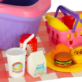KIK Detský piknikový kôš s pizzou a hamburgerom – farebná plastová hračka s nálepkami 3+