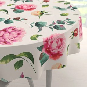 Biante Bavlnený okrúhly obrus Sandra SA-715 Veľké ružovočervené pivonky na smotanovom Ø 120 cm