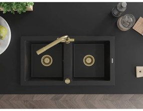 Mexen Mario, 2-komorový granitový drez 820x436x161 mm a zlatá drezová batéria Duero, čierna, 6504-77-671600-50