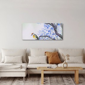 Obraz - Vtáčik na strome s modrými kvetmi (120x50 cm)