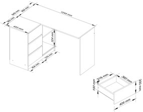 Rohový písací stôl B16 124 cm bílý/bílý lesk levý