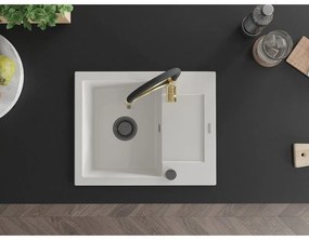 Mexen Enzo, 1-komorový granitový drez 576x465x174 mm a drezová batéria Aster, biela, 6506-20-73450-57-B