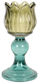 Tyrkysovo-zelený sklenený svietnik tulipán Colorful Garden - Ø 8*16 cm