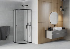 Mexen Rio, štvrťkruhový sprchovací kút s posuvnými dverami 90(dvere) x 90(dvere) x 190 cm, 6mm sklo námraza, čierny profil, 863-090-090-70-30