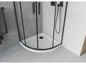 Mexen Rio, štvrťkruhový sprchovací kút s posuvnými dverami 80 x 80 cm, 6mm číre sklo, čierny profil + biela sprchová vanička, 863-080-080-70-00-4110B
