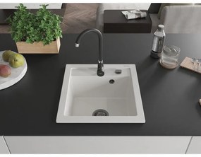 Mexen Vito, 1-komorový granitový drez 520x490x210 mm, čierna batéria Telma, biela, 6503-20-670200-70