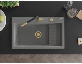 Mexen Omar, 1-komorový granitový drez 800x480x210 mm, šedá, zlatý sifón, 6520801005-71-G
