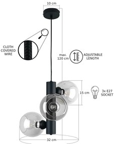 Luster na lanku TUBE 3xE27/60W/230V čierna/číra