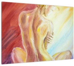 Sklenený obraz odpočívajúce ženy, olejomaľba (70x50 cm)