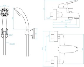 Kuchinox Oris, nástenná vaňová batéria s ručnou sprchovou súpravou, chrómová, LAV-BQO_011D