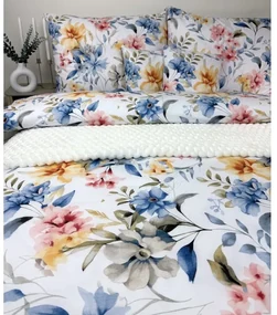 Obliečky Toscania 200x220 / 2×70x90 cm – 100% bavlna, kvetinový vzor, biely podklad s oranžovými, modrými a ružovými detailmi, zips