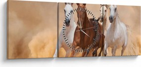 Obraz - Stádo koní (s hodinami) (90x30 cm)