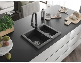 Mexen Carlos, 1,5-komorový granitový drez 582x475x177 mm a drezová batéria Elia, čierna škvrnitá, 6518-76-670101-76