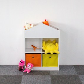 Detský regál v tvare domčeka ECOTOYS – biela polica na hračky a knihy, 2 koše