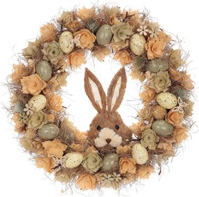 Veľkonočný veniec Hnedý zajac s kvetmi a vajíčkami, pr. 45 cm, 45 x 45 x 9 cm