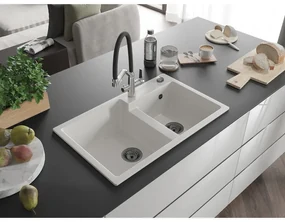 Mexen Tomas, 2-komorový granitový drez 800x500x190 mm  a kuchynská batéria Duo, biela, 6516-20-671701-07-B