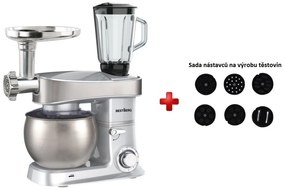 MEGAKOMBO BestBerg BBR-2000S multifunkčný kuchynský robot s nástavcami na cestoviny + 15-dielna sada hrncov a panvíc s nepriľnavým povrchom z nehrdzavejúcej ocele BestBerg BBSC-15 / strieborná