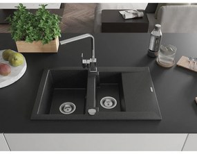 Mexen Gaspar, granitový drez 737x475x177 mm, 1,5-komorový a chrómová batéria Rita, čierna-strieborná metalíza, 6507-73-670300-00