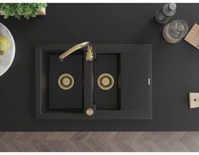 Mexen Gaspar, granitový drez 737x475x177 mm, 1,5-komorový, čierna-strieborná metalíza so zlatým sifónom, 6507731505-73-G