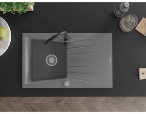 Mexen Cesar, granitový drez 775x470x190 mm, 1-komorový, šedá s chrómovým sifónom a čierna drezová batéria Telma, 6514-71-670200-70