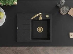 Mexen Ben, 1-komorový granitový drez 600x500x190 mm, pravý + zlatý sifón, čierna-strieborná metalíza, 6523605000-73-G
